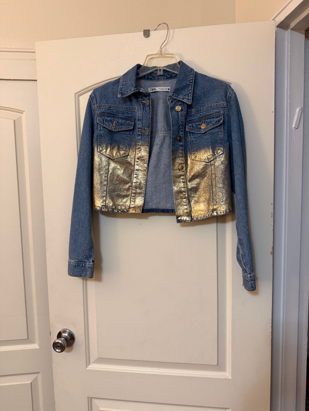 Zara cropped Blue Denim Jacket with Gold Metallic Dip